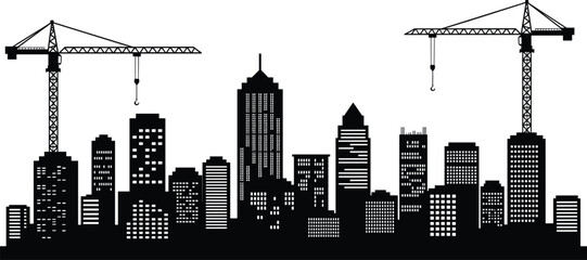 City skyline vector illustration with construction cranes, modern skyscraper silhouettes, urban buildings, tower cranes, downtown architecture, city development, black cityscape design