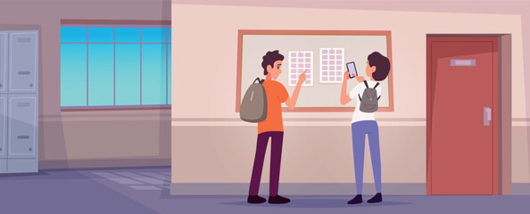 Lecture. Indoor illustration of classroom or lecture space with smart students exact vector back to school conceptual background