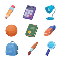 School items. Books students supplies tools backpack notes exact vector stationary set