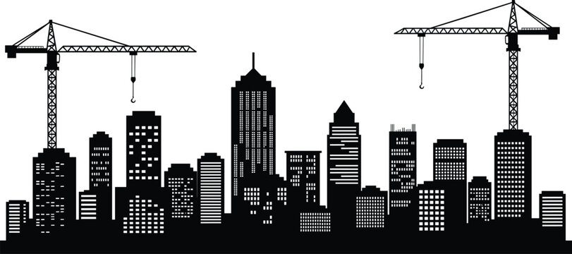 City skyline vector illustration with construction cranes, modern skyscraper silhouettes, urban buildings, tower cranes, downtown architecture, city development, black cityscape design