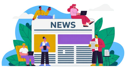 Diverse team collaborates on digital news content, staying informed and connected in a modern world.