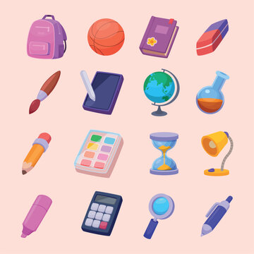Stationary. School or university items for students books pencil notes backpack globe exact vector cartoon set isolated