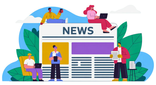 Diverse team collaborates on digital news content, staying informed and connected in a modern world.