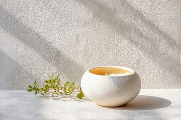 beautiful candle placed within ceramic holder rests gently against textured concrete backdrop