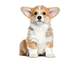 Obraz premium Cute corgi puppy sits, looking directly at camera