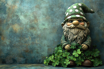 Irish Holiday Gnome Surrounded by Shamrocks on Fabric Background