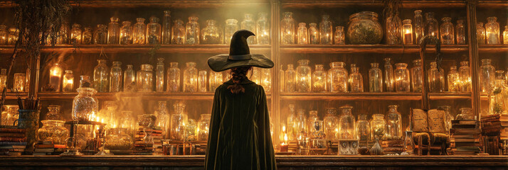 In an enchanting autumn setting, a young witch dressed in a detailed costume stands in front of shelves filled with glowing potions and ancient spell books, embracing the Halloween spirit, banner