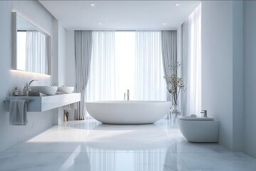 A modern minimalist bathroom with white walls a large freestanding bathtub in the center of the room a double sink on one side and a toilet bowl under the win