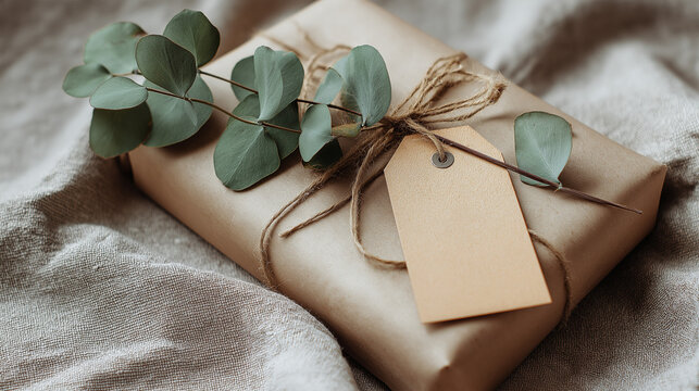 A simple gift wrapped in brown paper, tied neatly with string, and adorned with a blank tag.
