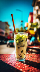A refreshing matcha drink sits in a glass with a straw on a bright table, surrounded by a lively street scene filled with colors and activity under clear blue skies