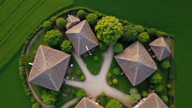 Top view of rustic cottages with green fields. Stock footage. Neat plots of village houses with green fields. Green plots with houses in cottage village in summer