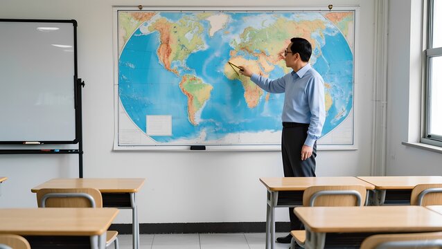 Teacher pointing at world map in classroom during lesson  