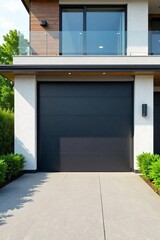 Modern automatic garage door system, sleek design, opened revealing a clean interior Ideal for home improvement, real estate, and architectural projects , panel, driveway, home exterior