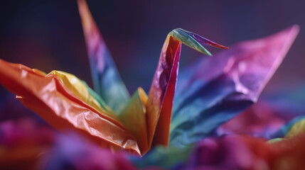 A colorful origami crane crafted from multicolored paper with a rainbow gradient. The crane is displayed up close on a blurred, softly lit background.