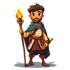 fantasy cartoon adventurer character holding a torch, with a cloak, belt, and sword, perfect for RPG assets, game design, and storybook heroes.