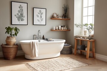 American country style bathroom with a square eucalyptus leaf poster on one wall In the middle of the bathroom is a white vintage bathtub with a metal faucet