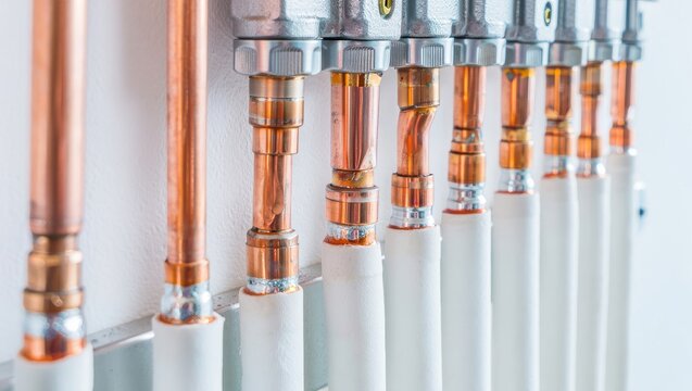 Copper and white medical infusion connectors in a row - Powered by Adobe