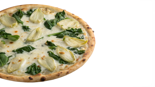 Artichoke and spinach white pizza with mozzarella, parmesan, white background, no text
