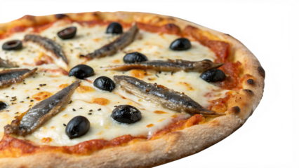 Anchovy and olive pizza with salty anchovies, black olives, mozzarella, white background, no text