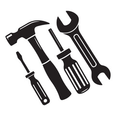 Set of Work Tools Silhouette, Hammer, Screwdriver, Wrench. Vector black silhouette. with white background