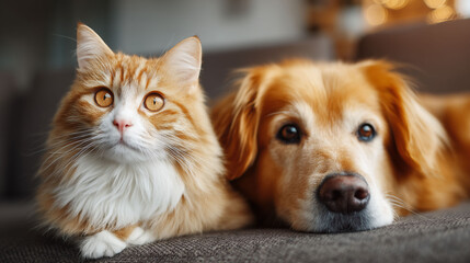 A ginger and white cat with bright eyes and a fluffy coat lies on a gray couch, surrounded by warm indoor lighting, creating a cozy domestic scene.