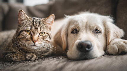 A tabby cat with striking eyes and detailed stripes lies on a dark couch, its ears alert and its whiskers pronounced, creating a scene of relaxation in a domestic setting.