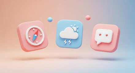 Three pastel-colored, 3D-rendered app icons floating against a gradient background.