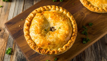 Delicious looking meat pie on a wooden board