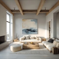 chic modern wooden beach house living room painting in the middle frontal view