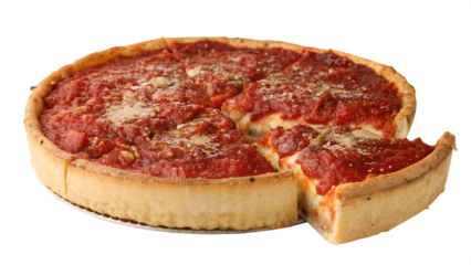Chicago deep dish pizza with thick tomato sauce and layers of cheese, white background, no text