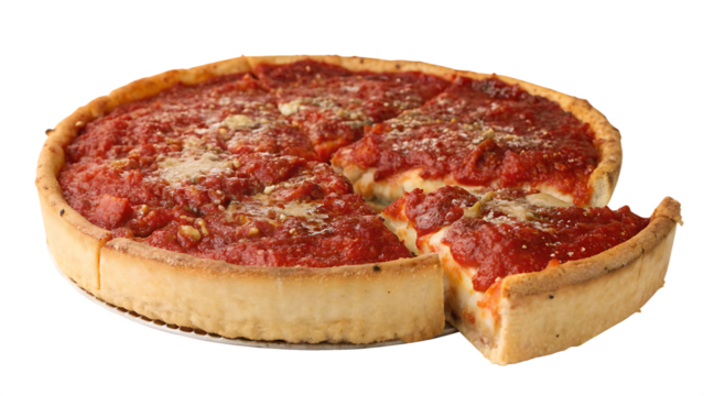 Chicago deep dish pizza with thick tomato sauce and layers of cheese, white background, no text