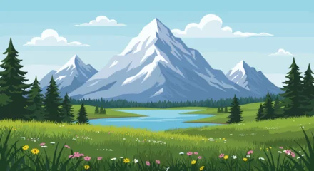 Fototapeten Pistazie Vector illustration of majestic snow-covered mountains with pine trees, lake, green valley, and wildflowers, perfect for landscape nature scenes and travel backgrounds  © Momotaj Contributor