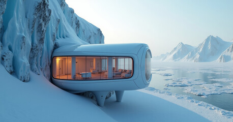 Futuristic research station embedded into a glacier cliff