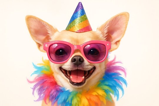 Joyful chihuahua dog wearing party hat sunglasses and colorful feather boa - Powered by Adobe