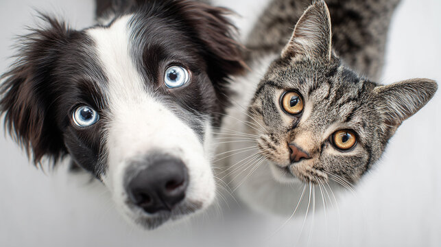A black and white dog and a tabby cat stand close together, looking up at the camera. Both animals have expressive eyes, with the dog having blue eyes and the cat having yellow eyes.