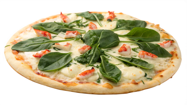 Crab and spinach pizza with mozzarella cheese, spinach leaves, crab meat, white background, no text