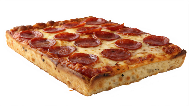 Detroit style square pizza with caramelized cheese edges, pepperoni toppings, white background, no text