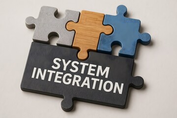 System Integration Concept: Jigsaw puzzle pieces symbolizing system integration, teamwork and connectivity, business and technology.