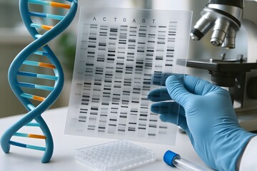 A scientist meticulously analyzes a DNA sequence, using advanced laboratory equipment to unlock the secrets of genetics and biology.