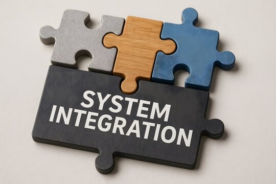 System Integration Concept: Jigsaw puzzle pieces symbolizing system integration, teamwork and connectivity, business and technology.