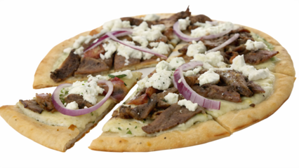 Greek gyro pizza with lamb strips, tzatziki drizzle, feta, onions, white background, no text