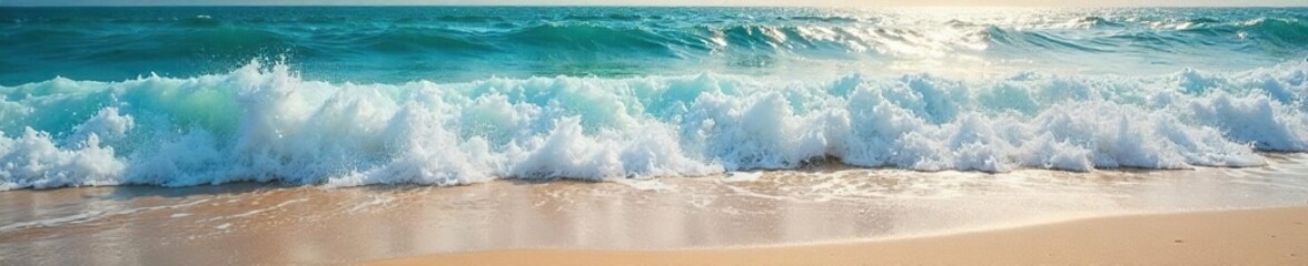 Ocean waves crashing on a sandy shore, sea foam, sunlight reflecting on the water  Perfect for travel, nature, and ocean-themed projects ,  power,  white,  background