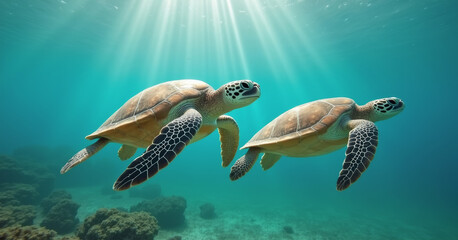 Pair of sea turtles gliding through shallow turquoise water