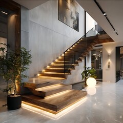 Modern staircase in a luxurious contemporary home wooden steps with integrated LED lighting floating stair design with glass railing and black metal frame nat