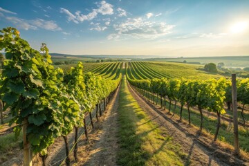 Naklejka premium Vast Vineyard Landscape With Rows of Green Grapevines in Sunlight