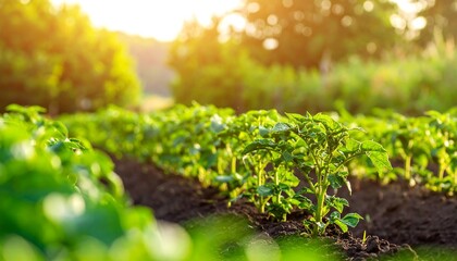 Abundant potato field under a bright sun, showcasing healthy crop growth