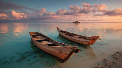 Two wooden boats floating peacefully on a calm tropical sea during golden hour, with warm sunlight reflecting on the water.