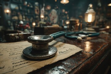 Obraz premium Vintage Stethoscope on Aged Paper, Atmospheric Historical Medical Setting.