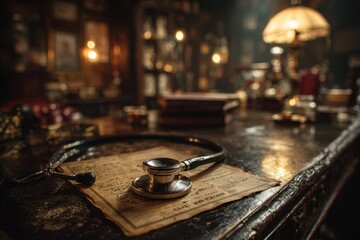 Vintage Stethoscope and Aged Medical Document on a Dark Wooden Table in a Classic Study.
