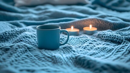Cozy Winter Scene, Blue Mug Candles Knit Blanket